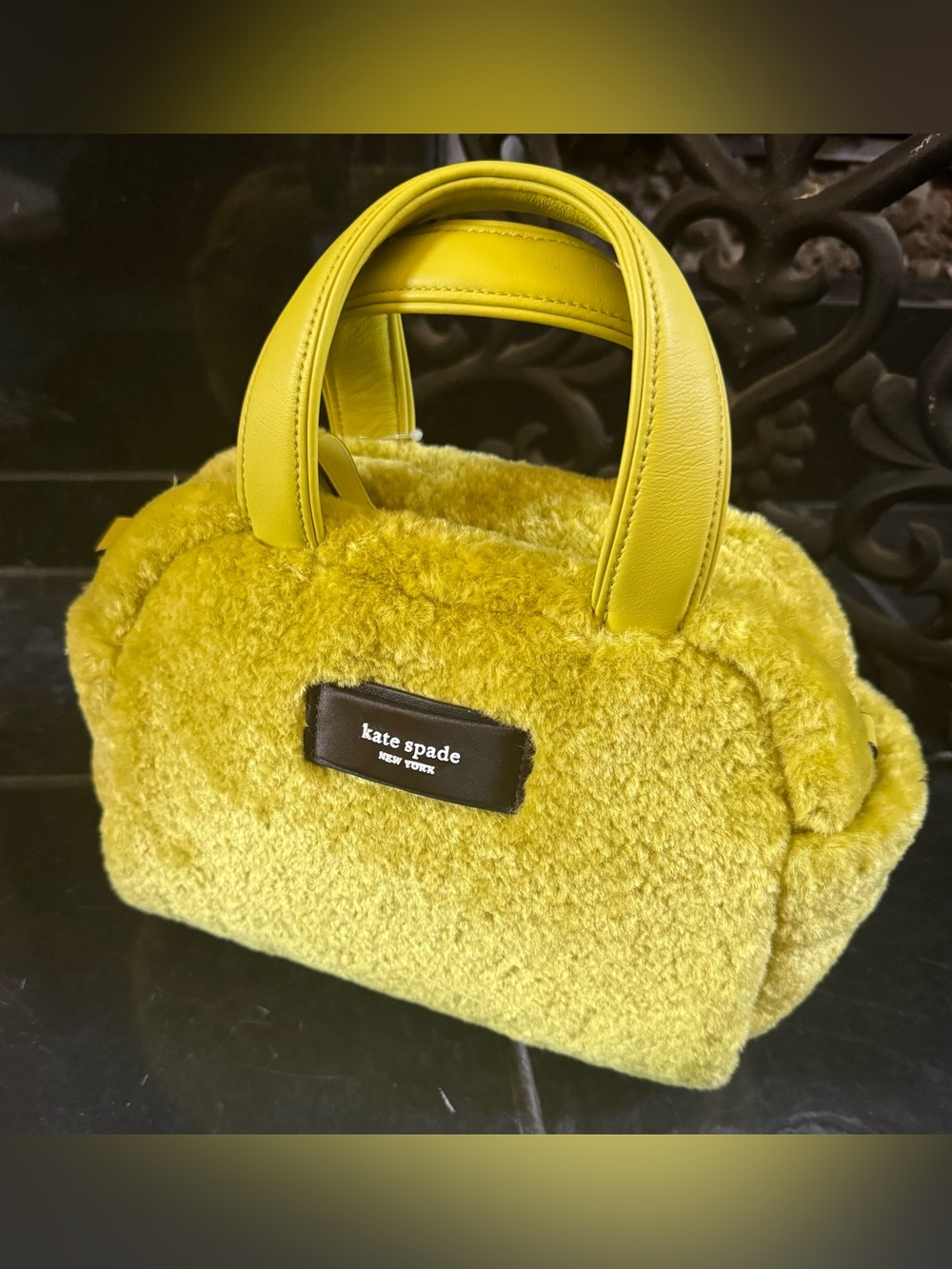 kate spade Yellow Faux Shearling Mini Satchel with Leather Handles